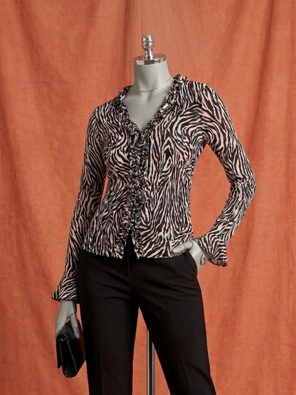 INC International Concepts Black & White Zebra Ruffle V-Neck Blouse